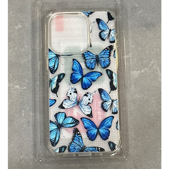 iPhone 14 Pro Acrylic Phone Case with Screen Protector - Floral Blue Butterflies - Picture 2 of 4